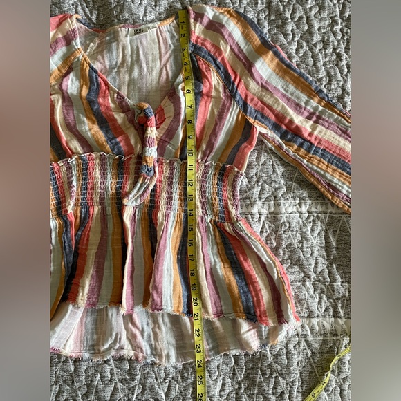 TRUE CRAFT Striped Peplum High Low V-Neck Knot Long Sleeve Top Women’s Size S/M - Picture 7 of 9